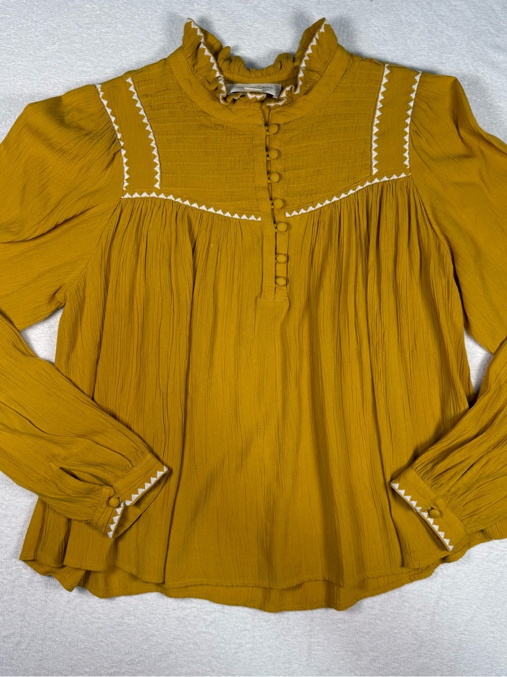 Treasure & Bond Mustard Yellow Ruffle Neck Button-Front Blouse with Embroidery
